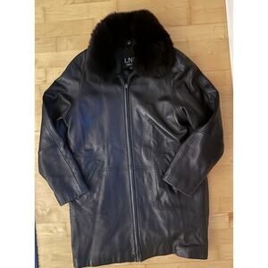 LNR Nordstrom Genuine Leather Coat Jacket Black Removable Fox Fur Collar M